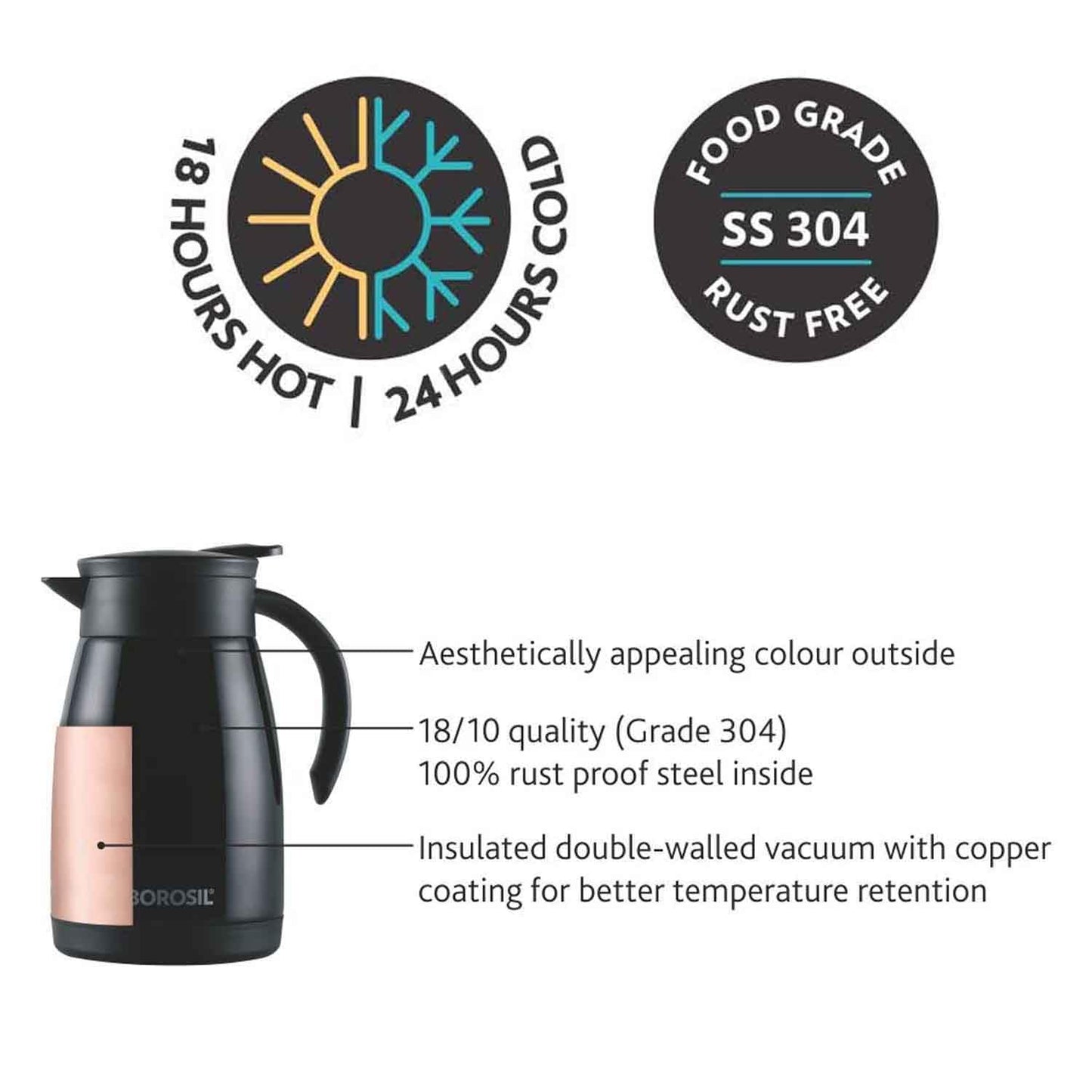 Borosil Stainless Steel 500ml Teapot with Handle | Double Wall Vacuum Insulated Thermosteel Carafe | BPA Free Jug for Tea/Coffee & Juice | 12 Hours Hot & 14 Hours Cold | 1 Year Warranty, Black