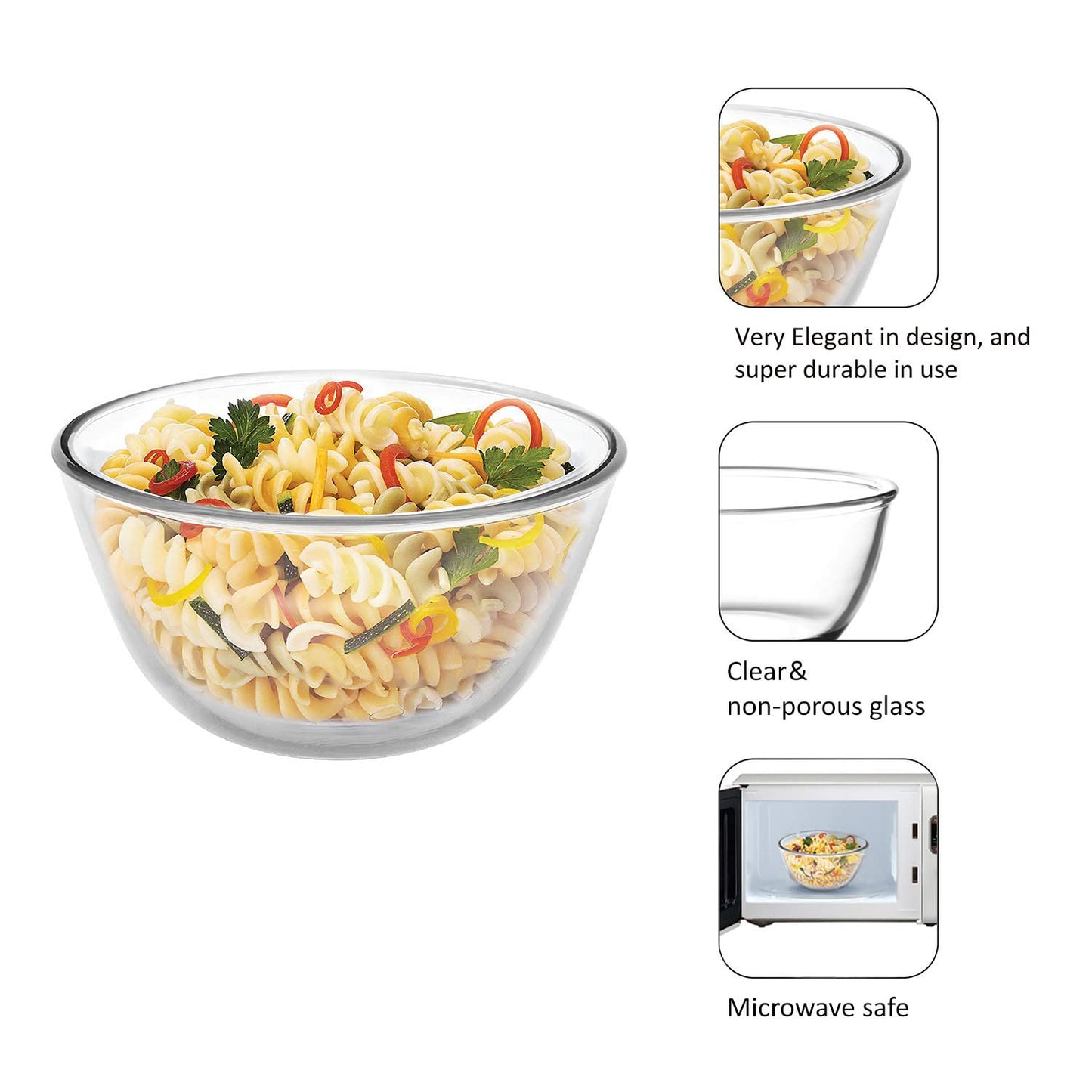 CELLO Ornella Toughened Glass Mixing Bowl Without Lid | Microwave Safe & Dishwasher Safe | Clear & Non- Porous Glass | Scratch Resistant | Transparent