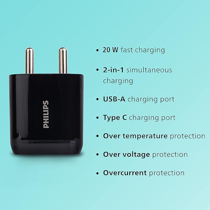 PHILIPS Wall Charger, India Plug, USB-A And Type -C Dual Port Black, PD 20W / QC 18W - DLP4326C/94