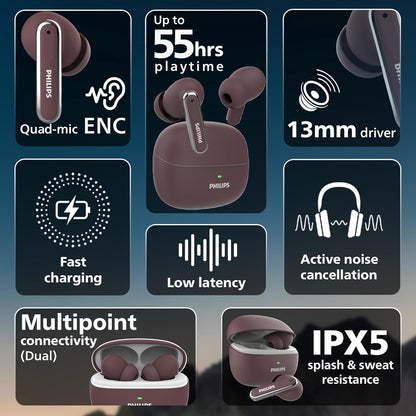PHILIPS TAT1150BK/94 Premium Wireless Earbuds with ANC, Quad Mic ENC, Up to 55 Hr Playtime,13mm Neodymium Drivers,Multipoint, ergonomically Designed,IPX5 Water Resistance,Fast Charging (Deep Black)