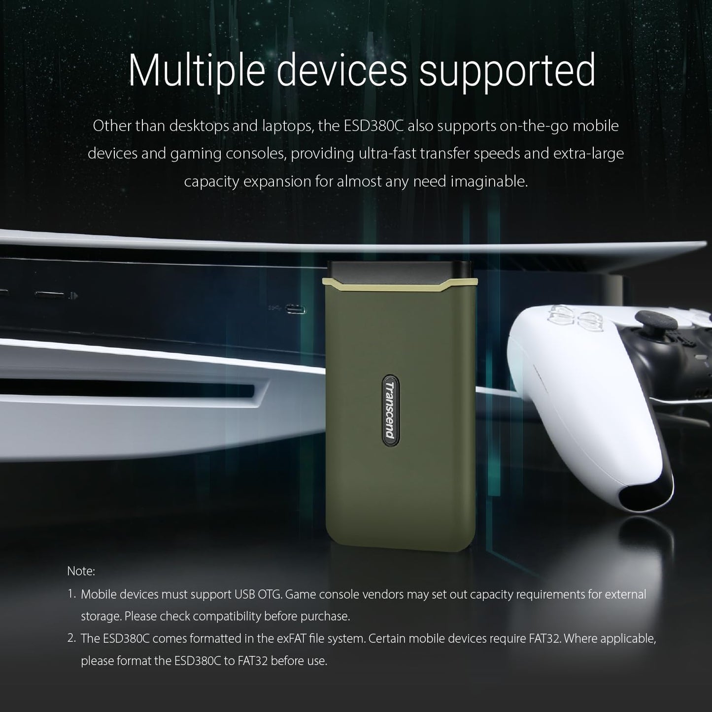 Transcend 380C Portable SSD - Up to 2,000 MB/s - USB 3.2 Gen 2x2, USB Type C to A/C - External SSD, Military Green