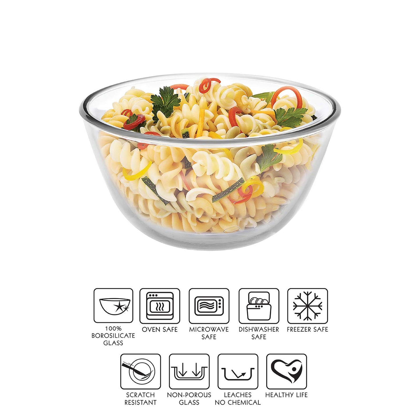 CELLO Ornella Toughened Glass Mixing Bowl Without Lid | Microwave Safe & Dishwasher Safe | Clear & Non- Porous Glass | Scratch Resistant | Transparent