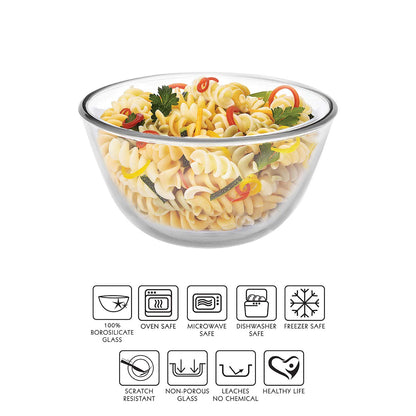 CELLO Ornella Toughened Glass Mixing Bowl Without Lid | Microwave Safe & Dishwasher Safe | Clear & Non- Porous Glass | Scratch Resistant | Transparent