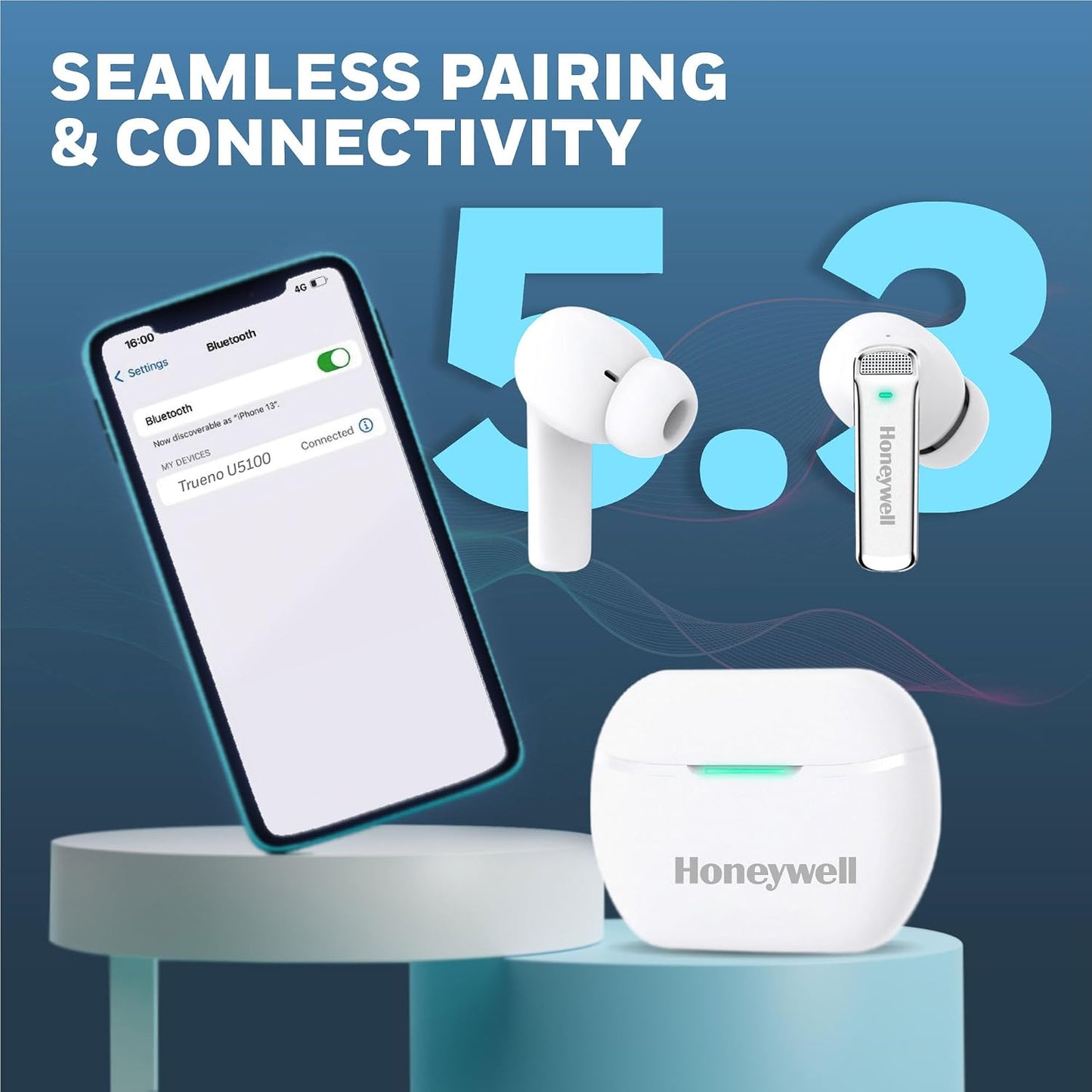 Honeywell Newly Launched Trueno U5100, in-Ear Wireless Hybrid ANC TWS Earbuds, with 33 dB ANC, Low Latency Mode, 6 mics, Bluetooth V5.2, 62 Hours of Playtime, 2 Years Manufaturer Warranty