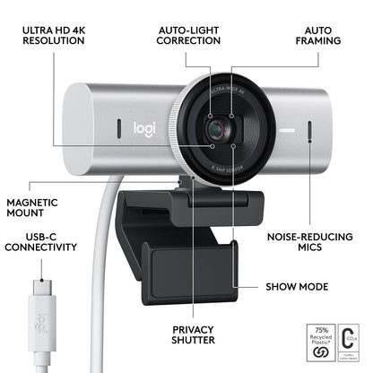 Logitech MX Brio Ultra HD 4K Collaboration and Streaming Webcam with Free Adobe Subscription, 1080p at 60 FPS, Dual Noise Reducing Mics, Show Mode, USB-C, Webcam Cover