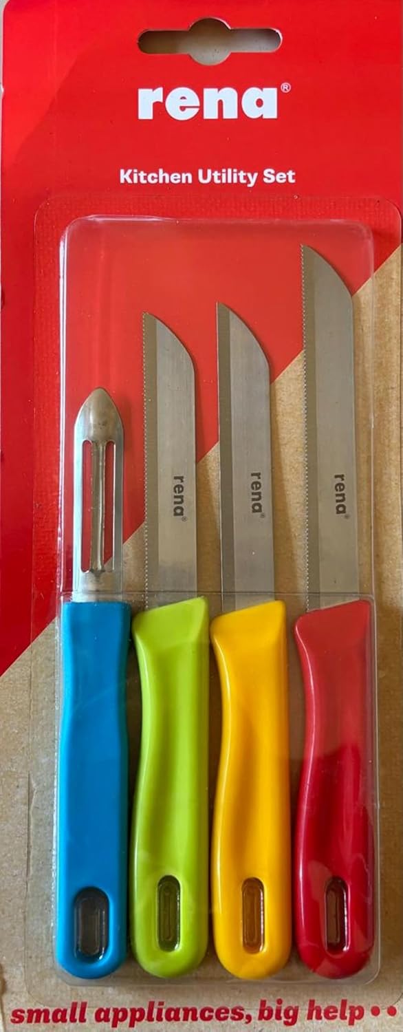 Rena Germany Knife Set - Serrated 110mm and 90mm, Plain 90mm, Promo Peeler - Kitchen Accessory for Home and Restaurant (Stainless Steel, Silver)