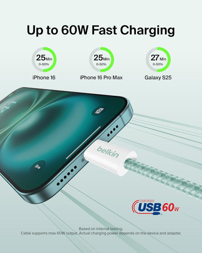 Belkin USB-C to USB-C 240W Braided Cable 1.5M Green (2-Pack) – Fast Charge