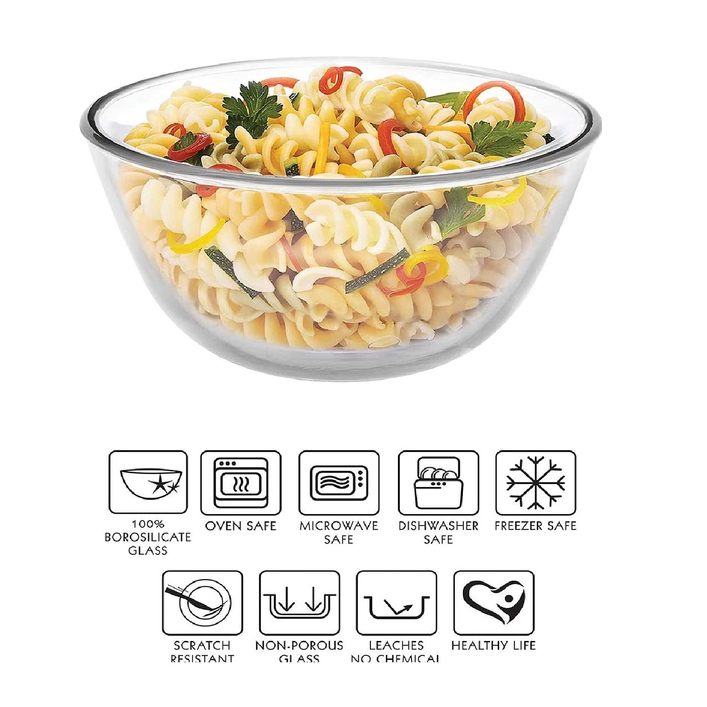 CELLO Ornella Toughened Glass Mixing Bowl Without Lid | Microwave Safe & Dishwasher Safe | Clear & Non- Porous Glass | Scratch Resistant | Transparent