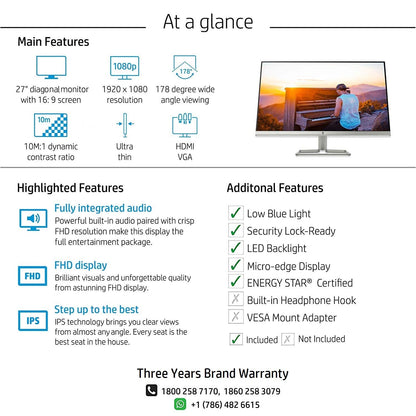 HP AMD Freesync, Built-in Speakers, IPS Panel with Hdmi and Vga Ports 27Fw Display with Audio Monitor