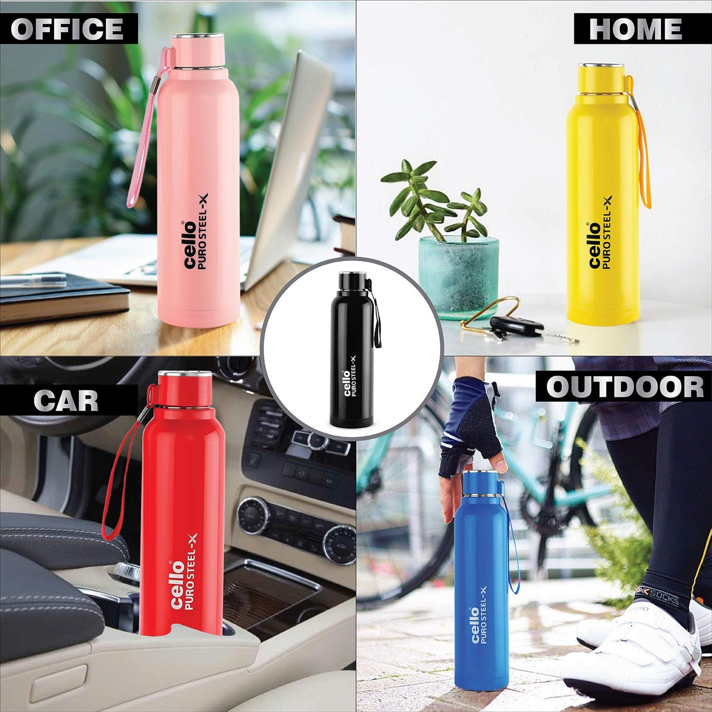 CELLO Puro Steel-X Benz 900 | Leak Proof| Wide Mouth & Easy to Open | Insulated Inner Steel Water Bottle | 730ml | White