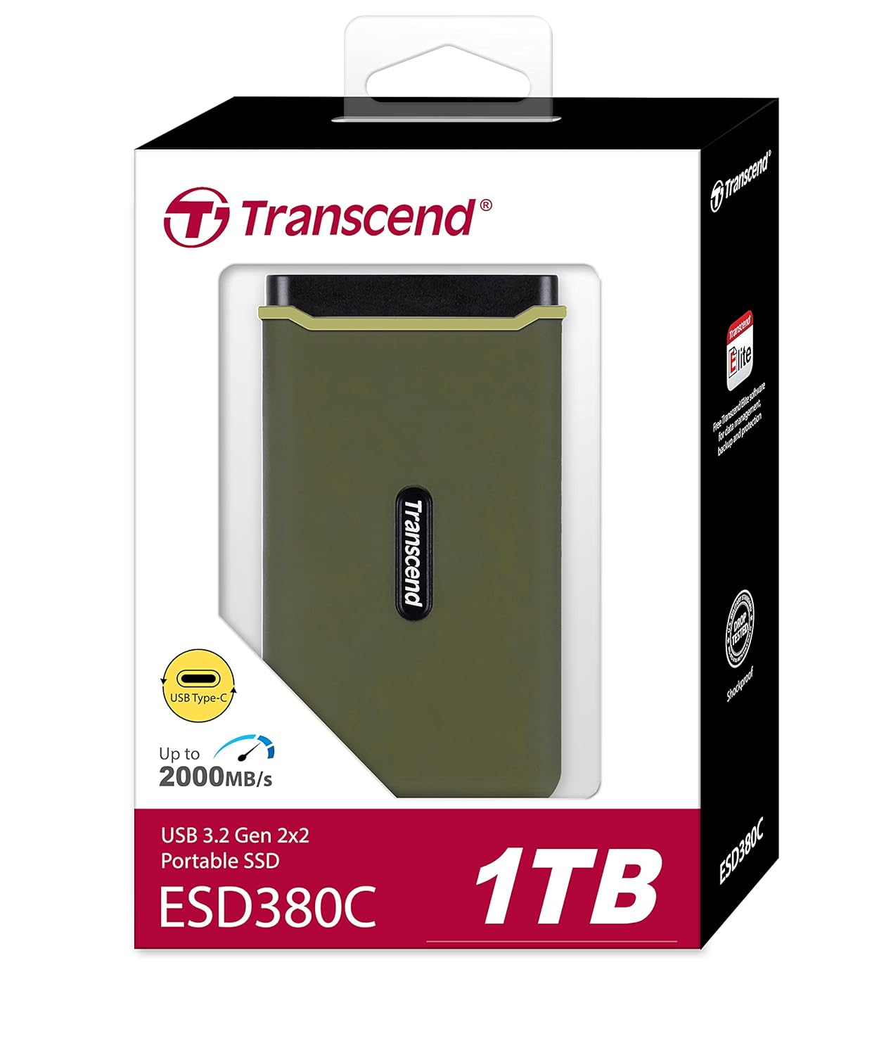 Transcend 380C Portable SSD - Up to 2,000 MB/s - USB 3.2 Gen 2x2, USB Type C to A/C - External SSD, Military Green