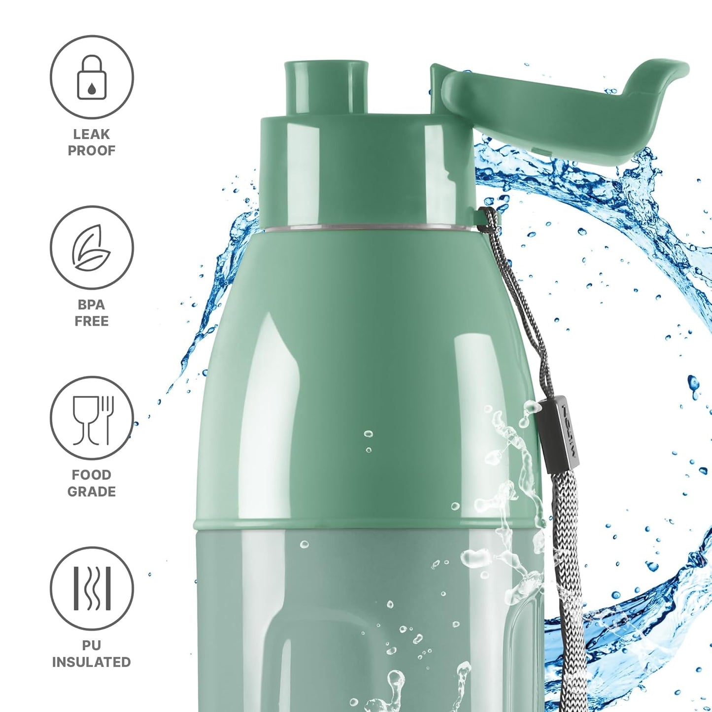 MILTON Kool Convex 900 Insulated Inner Pet Water Bottle, 700 ml, Light Green | Easy to Carry | Leak Proof | School | Office | Gym | Hiking | Treking | Travel Bottle