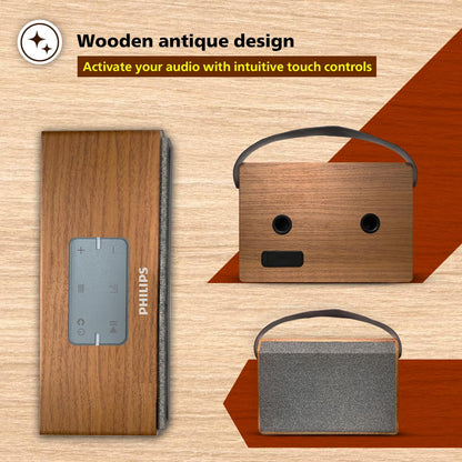 Philips Bluetooth Speaker TAS2228/94, 20W RMS with 6 Hrs Playtime, Retro Wooden Design, Indoor and Outdoor Mode, USB Playback, FM, Mic Input, Comes with Carry Strap (Brown)