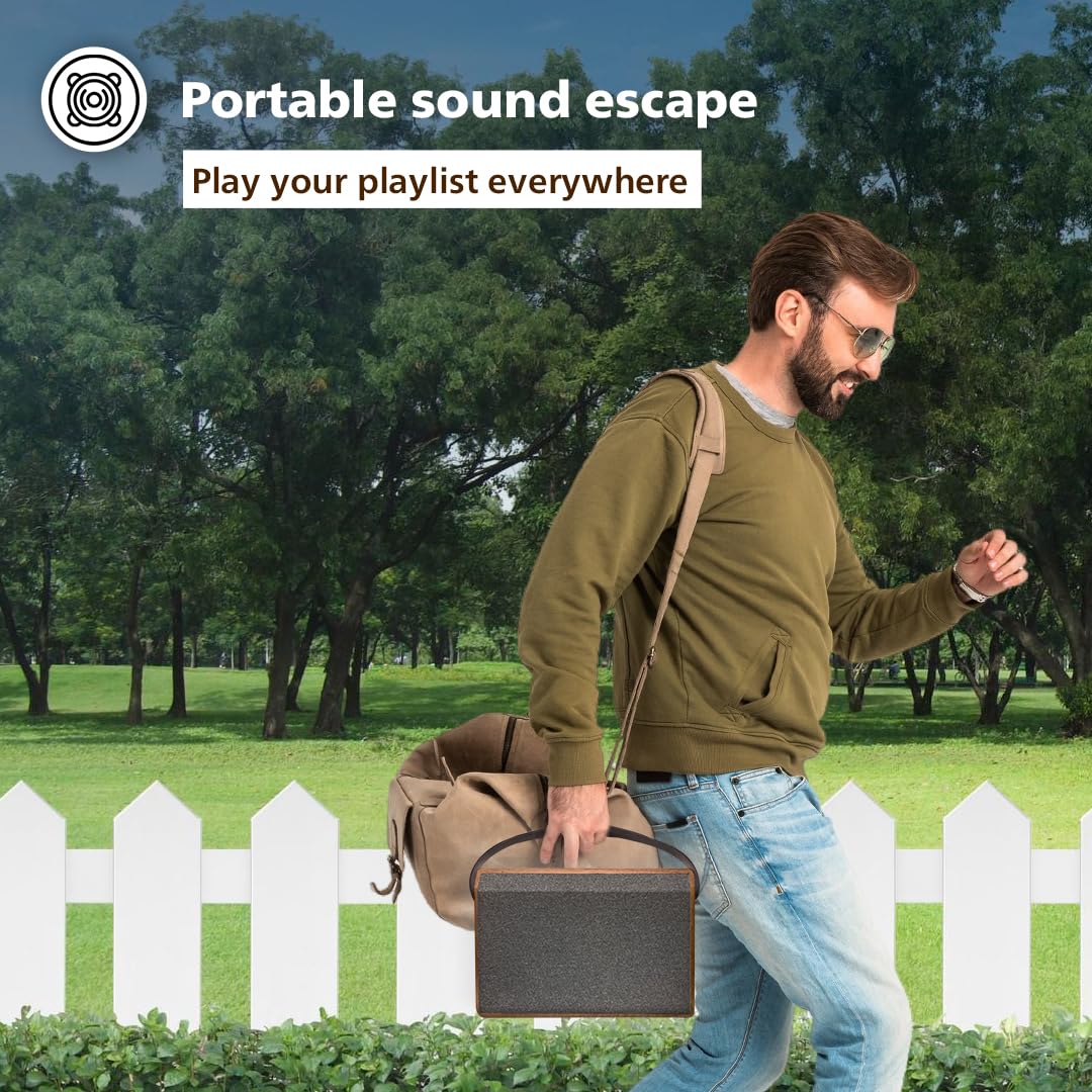 Philips Bluetooth Speaker TAS2228/94, 20W RMS with 6 Hrs Playtime, Retro Wooden Design, Indoor and Outdoor Mode, USB Playback, FM, Mic Input, Comes with Carry Strap (Brown)