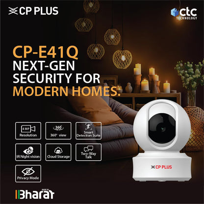 CP PLUS 4MP Quad HD Smart Wi-Fi CCTV Camera for Home | 360° Pan & Tilt | CTC Cyber Secure Tech | Supports LAN | View & Talk | Smart Detection Suite | Night Vision | Cloud Storage | OK Google | CP-E41Q