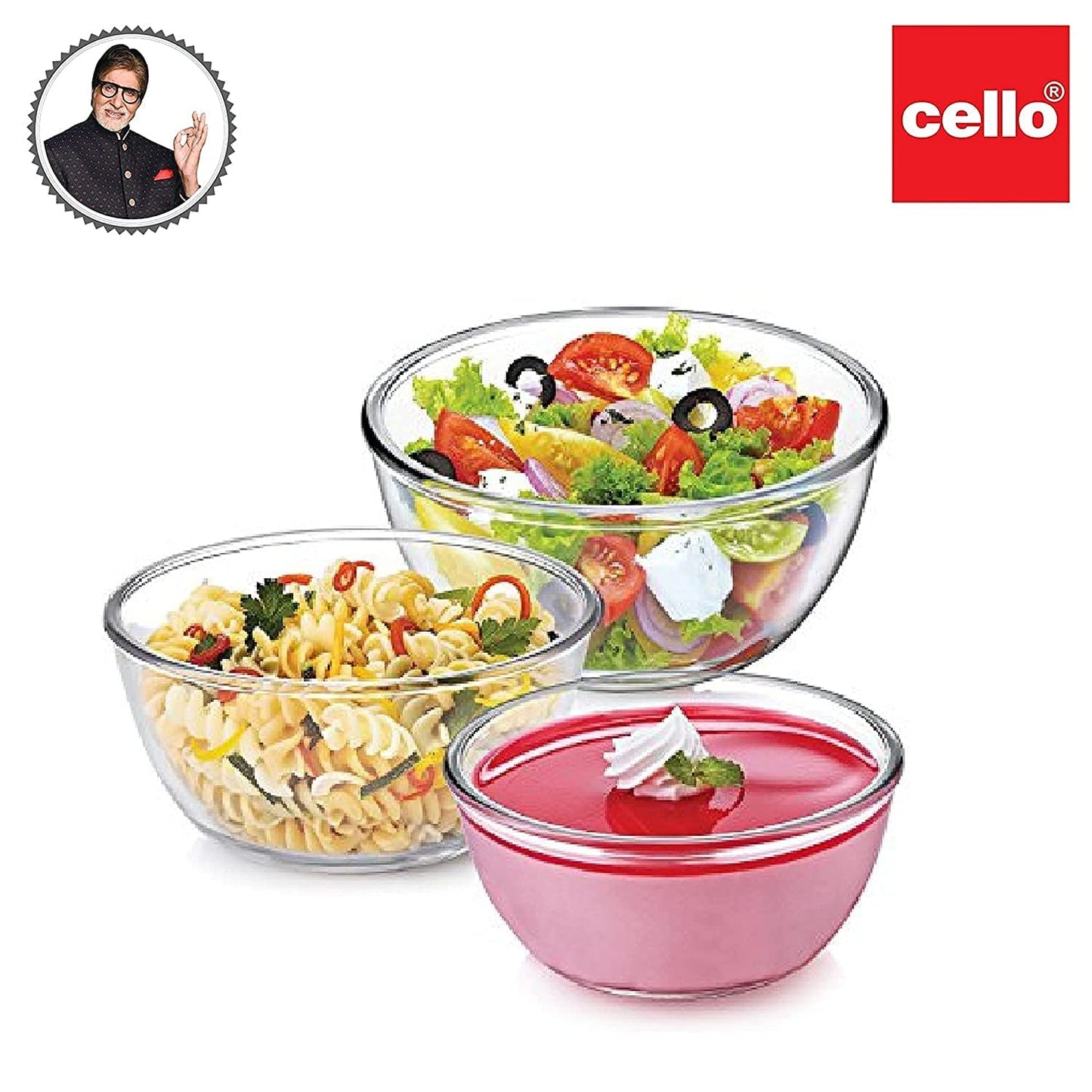 CELLO Ornella Toughened Glass Mixing Bowl Without Lid | Microwave Safe & Dishwasher Safe | Clear & Non- Porous Glass | Scratch Resistant | Transparent