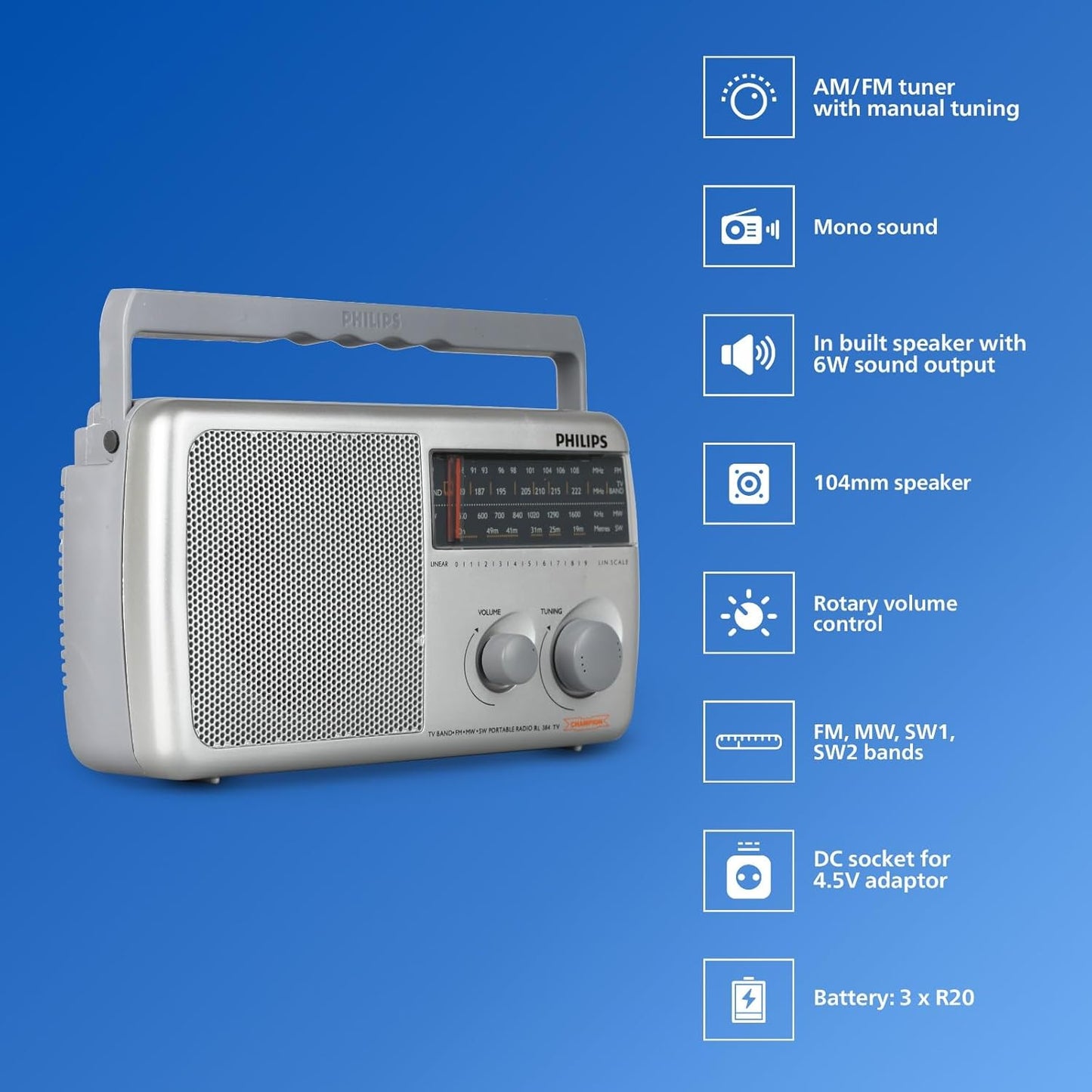 Philips Radio RL384/94 with MW/FM/SW/TV Bands, 500mW RMS Sound output, Battery: 3xR20 (4.5V DC)External DC SOCKET: 4.5V DC, Without Battery/Adaptor