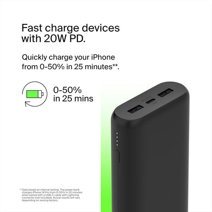 Belkin 20000 mAh 20W Power Bank | Super Fast Charging | USB-C PD Port | Fast Charging for iPhone 17, Air, Pro, Pro Max, AirPods, Samsung Galaxy S25, Google Pixel 10 & More | 2 Years Warranty | Black