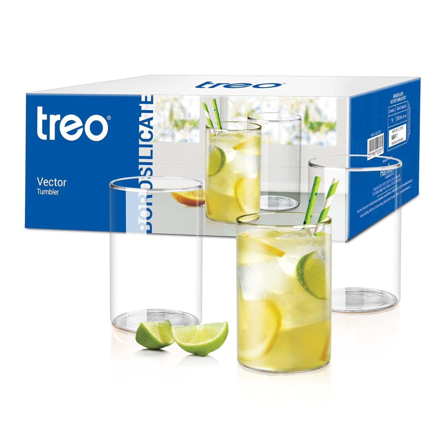 Treo by Milton Vector Borosilicate Glass Tumbler, Set of 6, 300 ml Each, Transparent, Ideal for Water, Juice, Cocktails, Mocktails