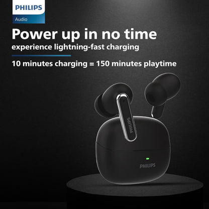 PHILIPS TAT1150BK/94 Premium Wireless Earbuds with ANC, Quad Mic ENC, Up to 55 Hr Playtime,13mm Neodymium Drivers,Multipoint, ergonomically Designed,IPX5 Water Resistance,Fast Charging (Deep Black)