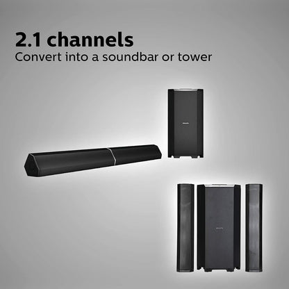 PHILIPS Convertible Soundbar MMS8085B, 2.1 Channel with Multiple-Connectivity Option,USB in, Bluetooth Connectivity 80 Watt (Black), Superior Sound