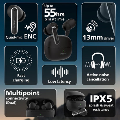 PHILIPS TAT1150BK/94 Premium Wireless Earbuds with ANC, Quad Mic ENC, Up to 55 Hr Playtime,13mm Neodymium Drivers,Multipoint, ergonomically Designed,IPX5 Water Resistance,Fast Charging (Deep Black)