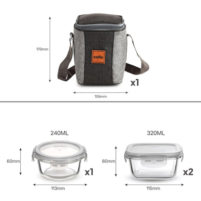 CELLO Glassy Square Lunch Box Set of 2 (320 ml x 2), Clear | Microwavable Toughened Glass | Leak Proof Design | Tiffin for Office/School/College