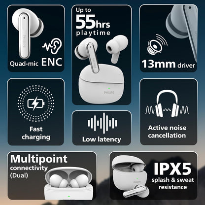 PHILIPS TAT1150BK/94 Premium Wireless Earbuds with ANC, Quad Mic ENC, Up to 55 Hr Playtime,13mm Neodymium Drivers,Multipoint, ergonomically Designed,IPX5 Water Resistance,Fast Charging (Deep Black)