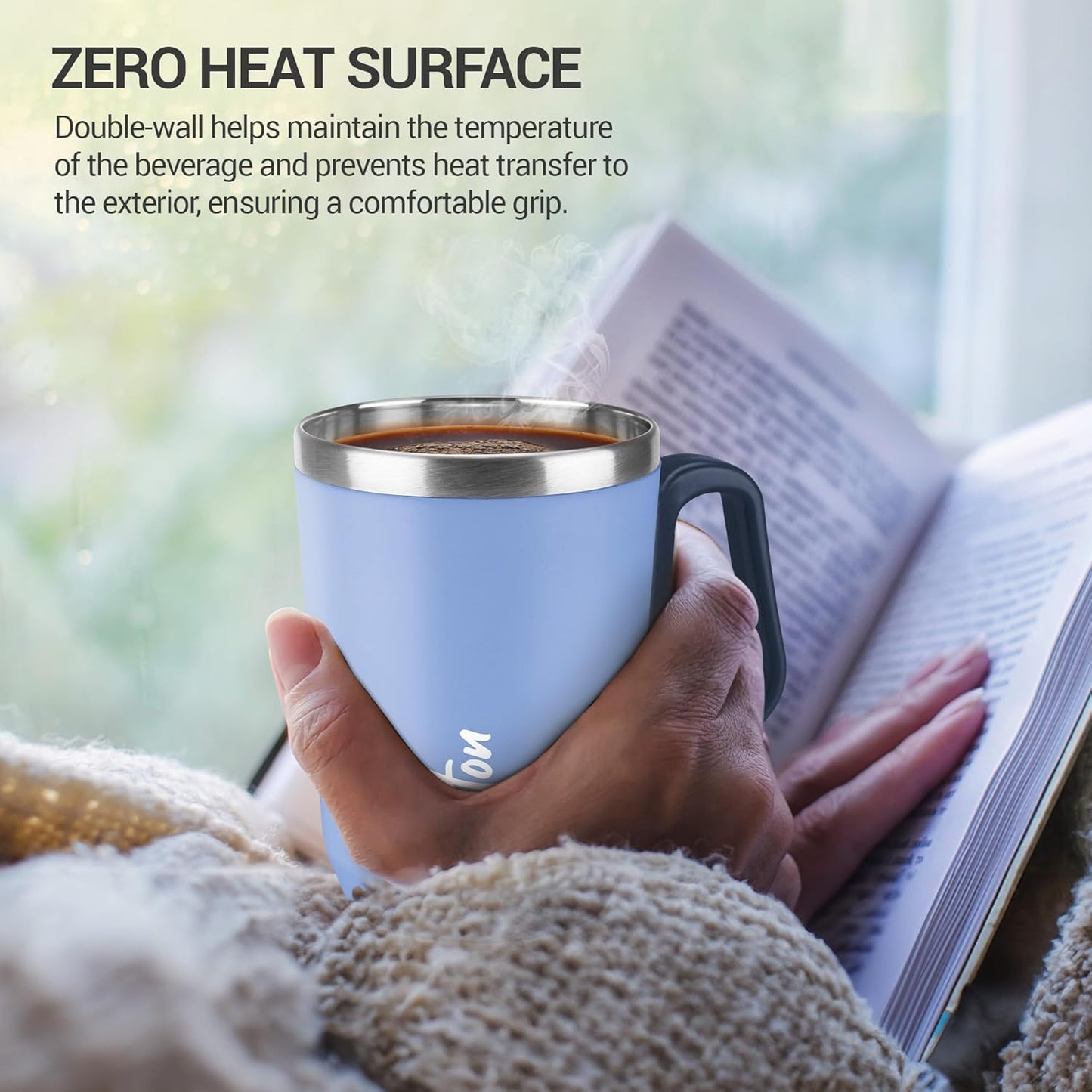 MILTON Cool Touch Coastal Coffee Mug 350 Double Walled 300 ml Inner Stainless Steel Tea Mug and Lid, Coffee Mug Travel Tea Cup, Black Coffee, Single, Blue