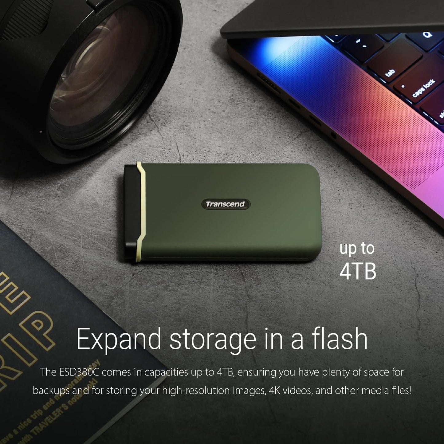 Transcend 380C Portable SSD - Up to 2,000 MB/s - USB 3.2 Gen 2x2, USB Type C to A/C - External SSD, Military Green