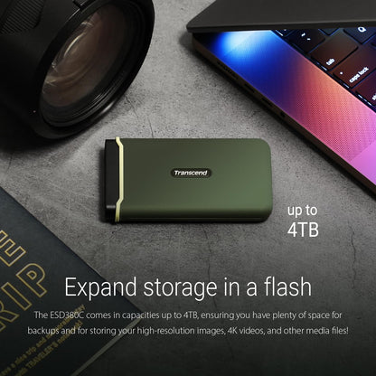 Transcend 380C Portable SSD - Up to 2,000 MB/s - USB 3.2 Gen 2x2, USB Type C to A/C - External SSD, Military Green