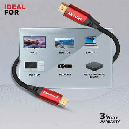 Honeywell DisplayPort to DisplayPort 2.0 Cable – 8K@60Hz UHD, 40Gbps, 2 Meter, Male to Male (TV, Laptop, Monitor, Projector)