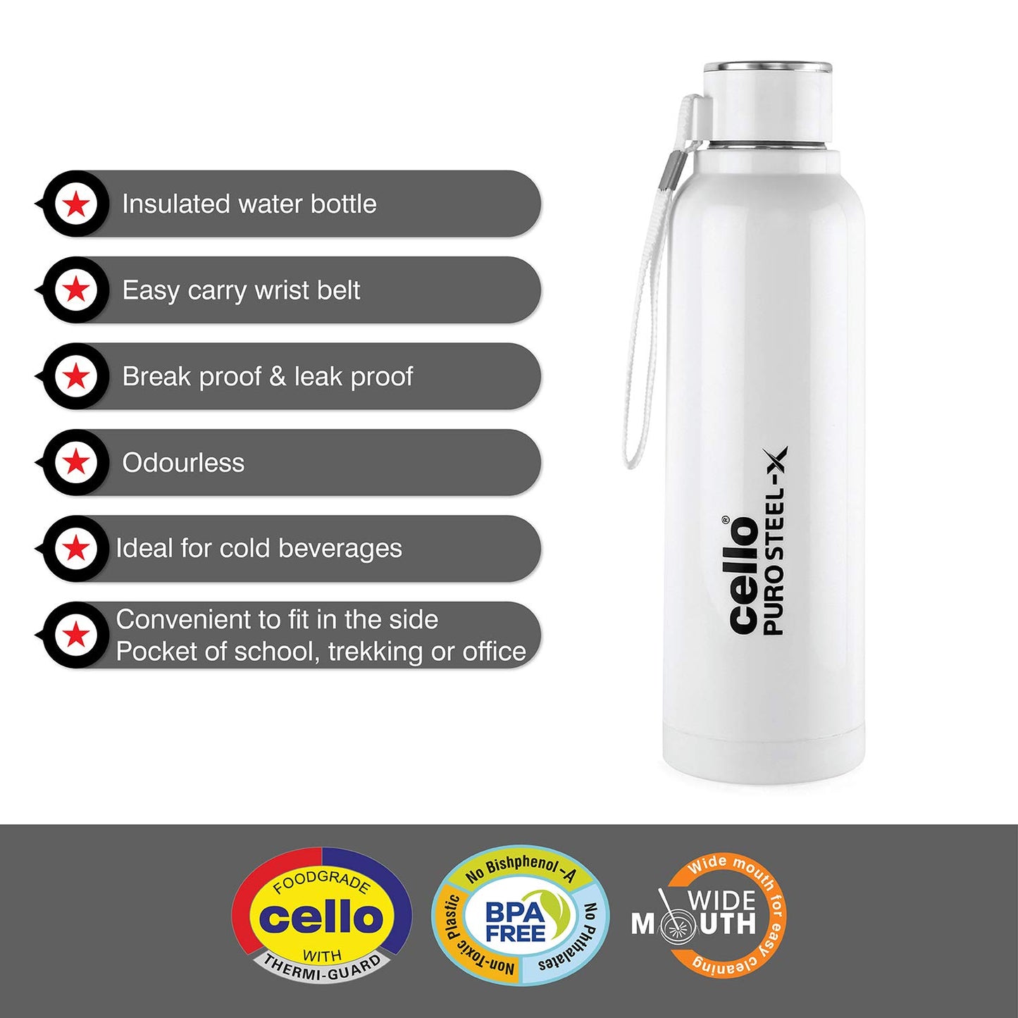 CELLO Puro Steel-X Benz 900 | Leak Proof| Wide Mouth & Easy to Open | Insulated Inner Steel Water Bottle | 730ml | White