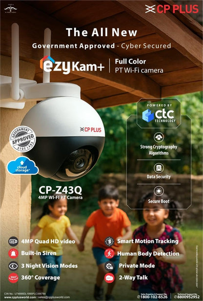 CP PLUS 4MP WI-FI Full Color Outdoor Smart Security Camera | CTC Technology|360˚with Pan & Tilt |Two Way Talk| Human Detection | Night Vision | Supports SD Card (Up to 128 GB) |Alexa & Google- CP-Z43Q