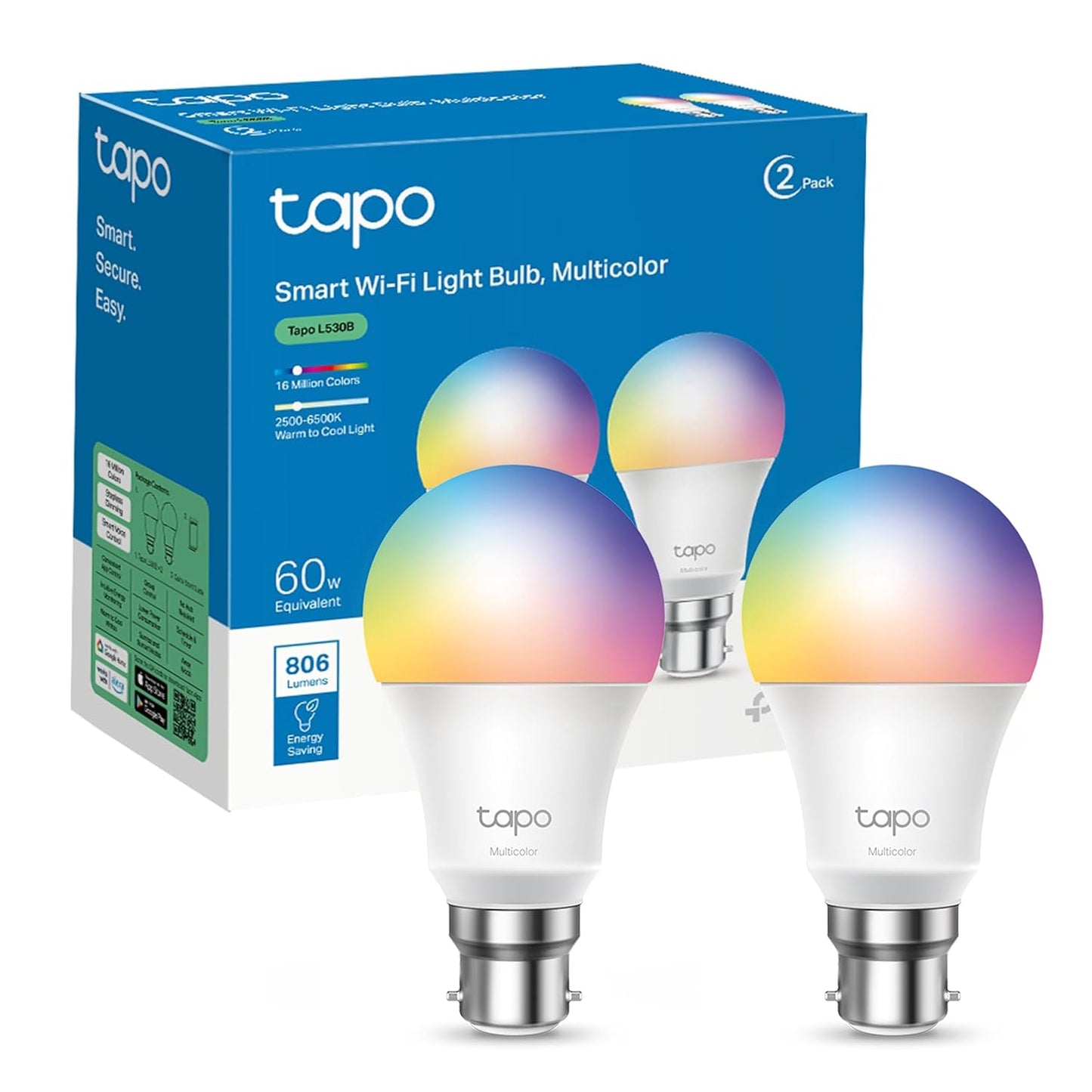 Tapo L530B Smart Bulb, Smart Wi-Fi LED Light, B22, 8.7W, Compatible with Alexa(Echo and Echo Dot) and Google Home, Colour-Changeable, No Hub Required [Energy Class A+], Multi, Standard