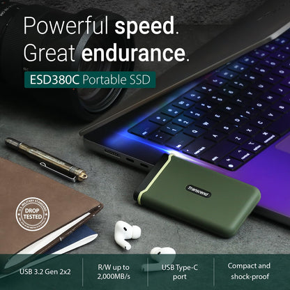 Transcend 380C Portable SSD - Up to 2,000 MB/s - USB 3.2 Gen 2x2, USB Type C to A/C - External SSD, Military Green