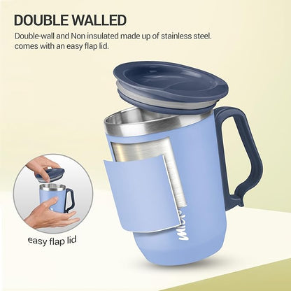 MILTON Cool Touch Coastal 350 Stainless Steel Mug with Lid, 300 ml, Peach, Wide Mouth for Easy Cleaning, Sturdy Handle, Hot and Cold Beverages, Flap Lid, Microwave Safe, Light Weight, BPA Free