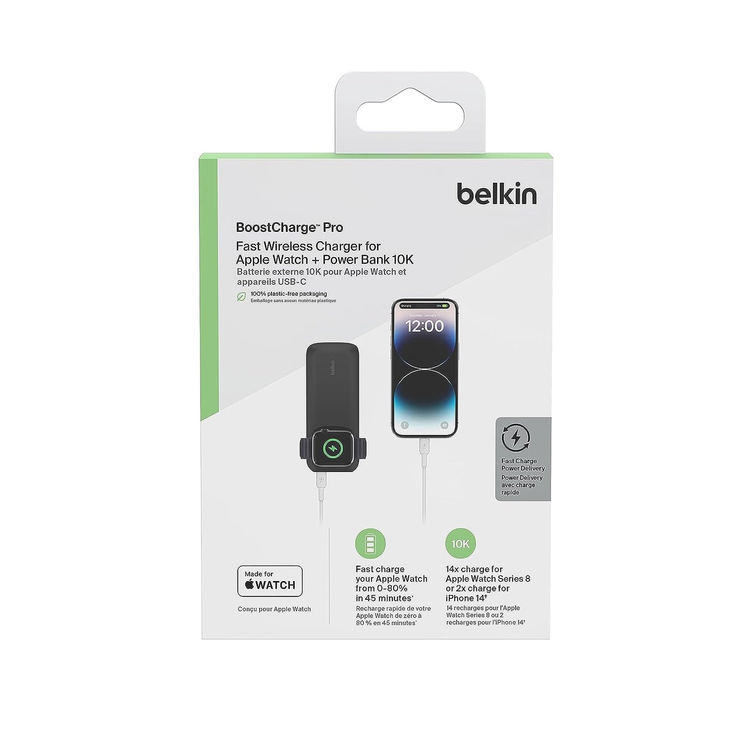 Belkin 10000 mAh Power Bank with 7.5W Fast Wireless Apple Watch & AirPods Pro (2nd Generation) Charger, 20W USB-C PD Port - Black