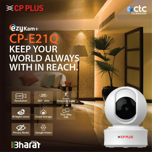 CP PLUS 2MP FULL HD Smart Wi-Fi CCTV Camera for Home | 360° Pan & Tilt | CTC Cyber Secure Tech | Supports LAN | View & Talk | Smart Detection Suite | Night Vision | Cloud Storage | OK Google | CP-E21Q