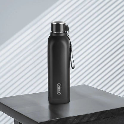 Cello Puro Steel-X Royce 900 | PU Insulation | Leak Proof | Wide Mouth | 730 ml Stainless Steel Flask (Pack of 1, Black)