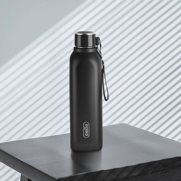 Cello Puro Steel-X Royce 900 | PU Insulation | Leak Proof | Wide Mouth | 730 ml Stainless Steel Flask (Pack of 1, Black)