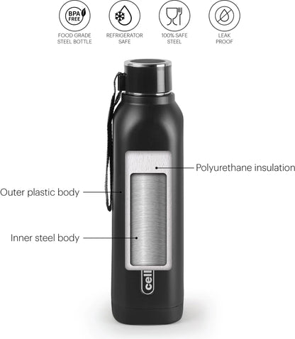 Cello Puro Steel-X Royce 900 | PU Insulation | Leak Proof | Wide Mouth | 730 ml Stainless Steel Flask (Pack of 1, Black)