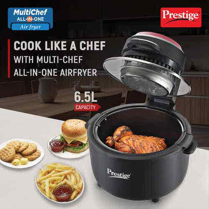 Prestige Multi-Chef All-in-One Air Fryer |80% less Oil Consumption|6.5L Capacity |1200 Watts Power|Airfry,Oven, Toast, Grill|See Through Lid|Advance Digital Display|Even Heat Distribution|Black