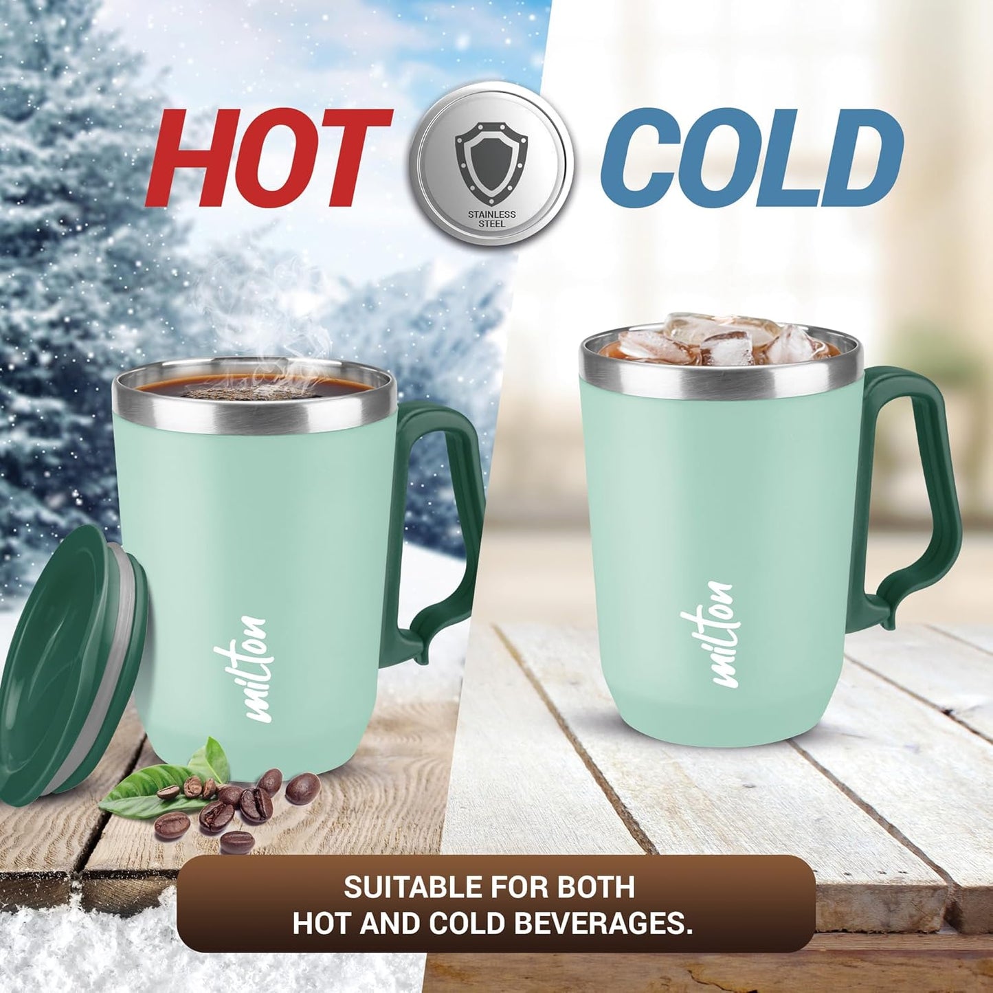 MILTON Cool Touch Coastal Coffee Mug 350 Double Walled 300 ml Inner Stainless Steel Tea Mug and Lid, Coffee Mug Travel Tea Cup, Black Coffee, Single, Blue