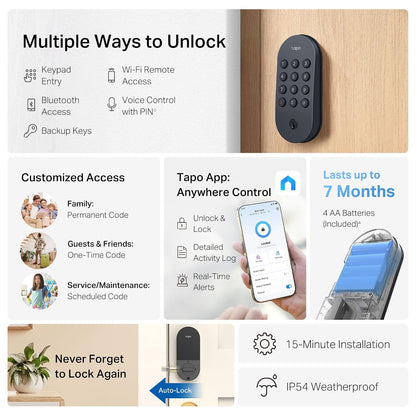 Tapo Smart Wi-Fi Deadbolt Door Lock Keyless Tactile Buttons, Customized Access with in-App Monitoring, IP54 Weatherproof, BHMA Grade 3, Compatible with Standard Door Size, Tapo DL100 Free Installation