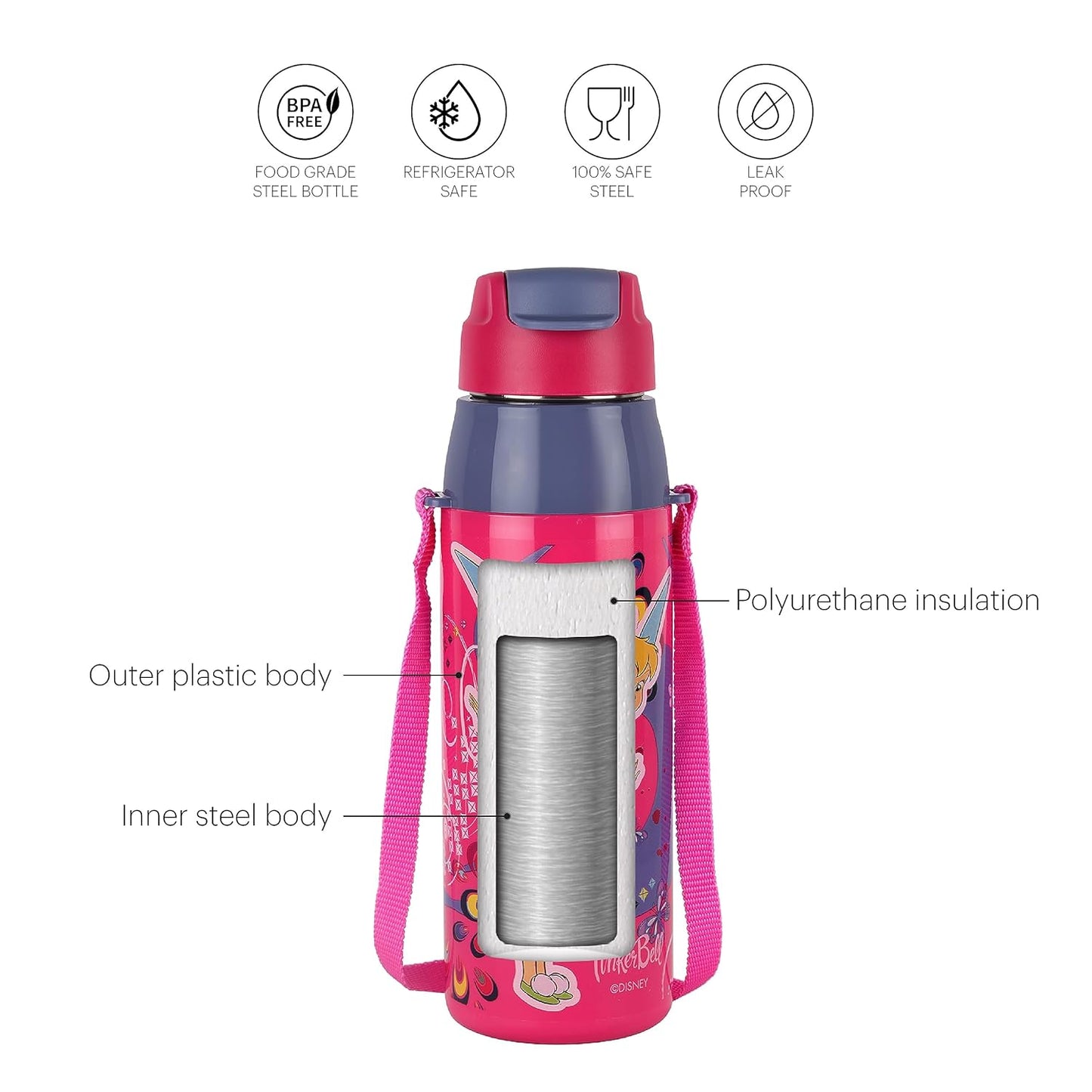 CELLO Puro Steel-X Hydra Kid 600 Water Bottle | PU Insulation | School Bottle | Picnic Bottle | Cold Insulation | Leak Proof | Kids Bottle | Easy to Carry | Tinker Bell | 520ml | Pink