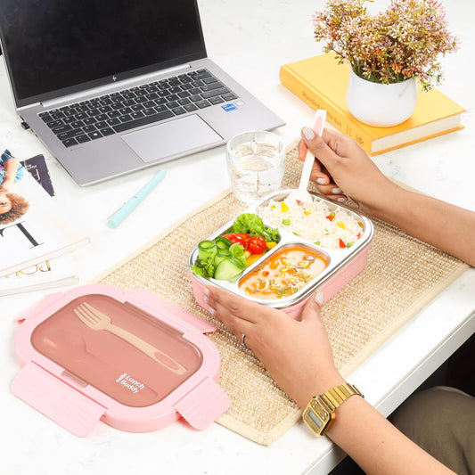 CELLO Lunch Buddy Insulated Lunch Box with Plastic Spoon and Fork | 100% Food Grade | Leak Proof and Break Resistant | Ideal for College,Office, Outdoor Activities | 925 ml, Pink