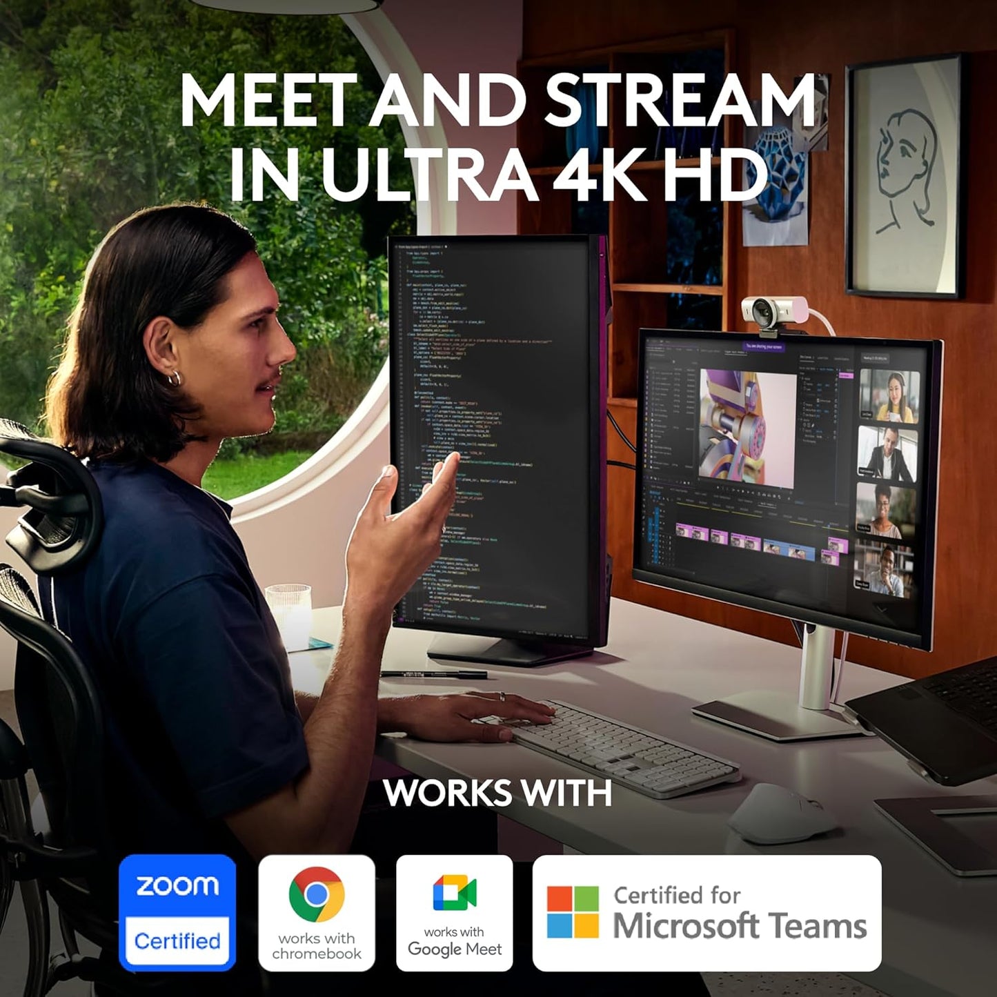 Logitech MX Brio Ultra HD 4K Collaboration and Streaming Webcam with Free Adobe Subscription, 1080p at 60 FPS, Dual Noise Reducing Mics, Show Mode, USB-C, Webcam Cover