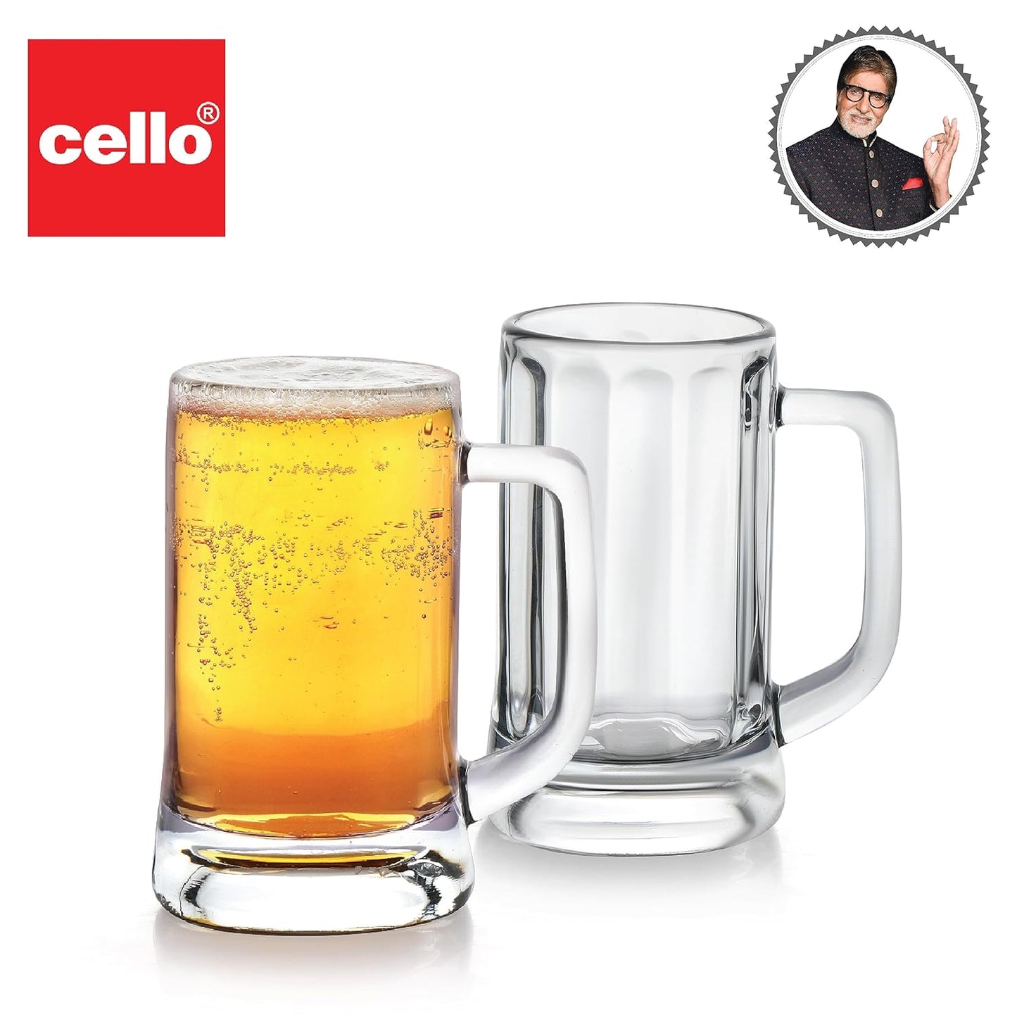 CELLO Executive Beer Mug with Handle | Glasses for Beer, Juice | Scratch Resistant & Easy to Clean | Dishwasher Safe Mug | Transparent | Set of 2, 400ml