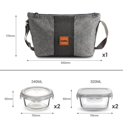 CELLO Glassy Square Lunch Box Set of 2 (320 ml x 2), Clear | Microwavable Toughened Glass | Leak Proof Design | Tiffin for Office/School/College